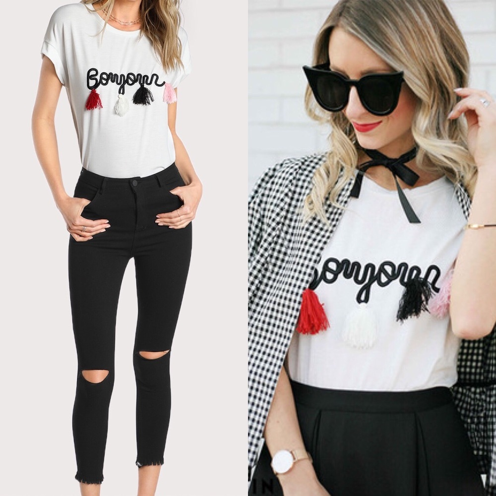 Bonjour Tassel Detail Graphic Tee | Soft Short Sleeve Top - Picture 2 of 7